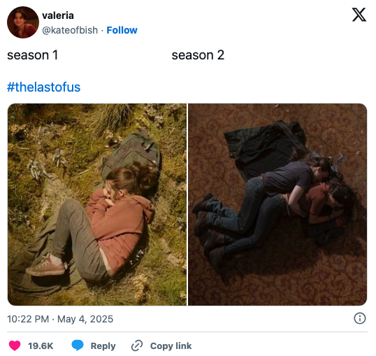 Side-by-side images from "The Last of Us": Season 1 shows Ellie curled up in grass; Season 2 shows Dine and Ellie hugging on the floor