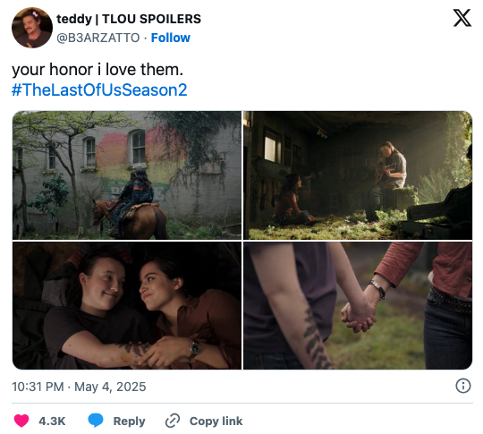 Four scenes showing Dina and Ellie together with the caption, "your honor I love them"