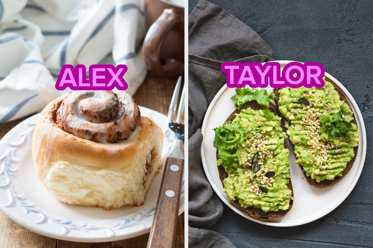 A cinnamon roll labeled "Alex" on a plate, and avocado toast labeled "Taylor" on a board, side by side