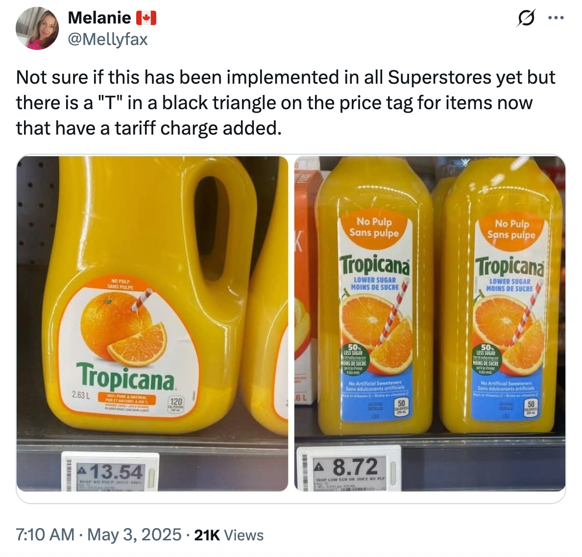 Two images of Tropicana orange juice bottles with price tags showing letters "T" in black triangles indicating tariff charges