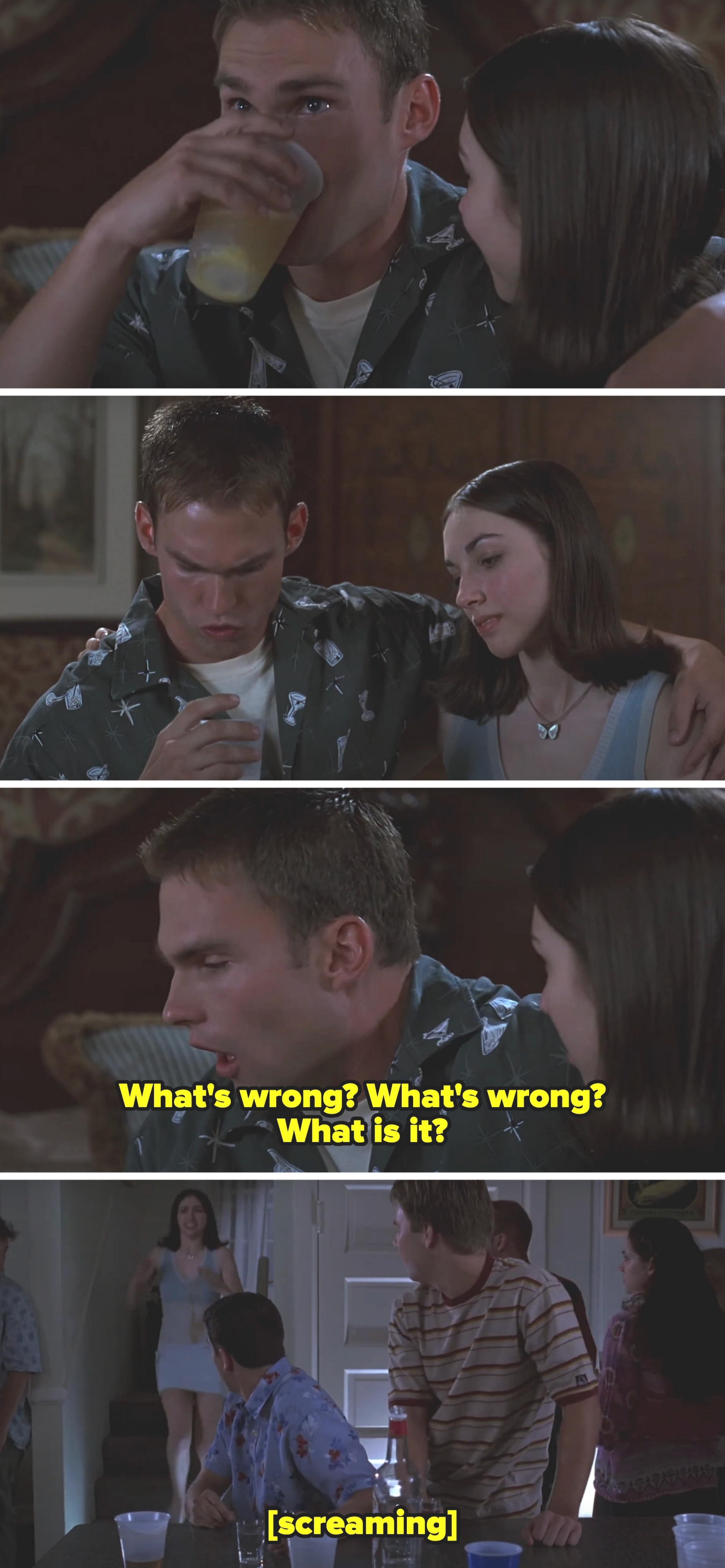 Stifler drinks a beer then looks at it in disgust. The girl sitting next to him on the bed asks what's wrong then runs away screaming, covered in puke