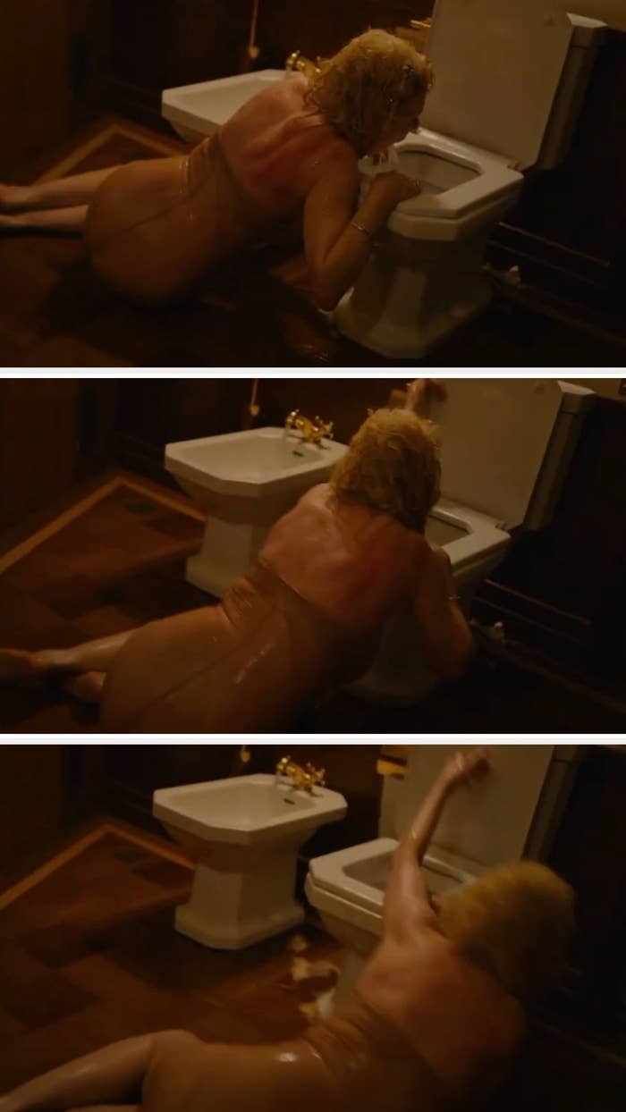 while puking into a toilet, a woman slides across the slippery floor as the boat tilts