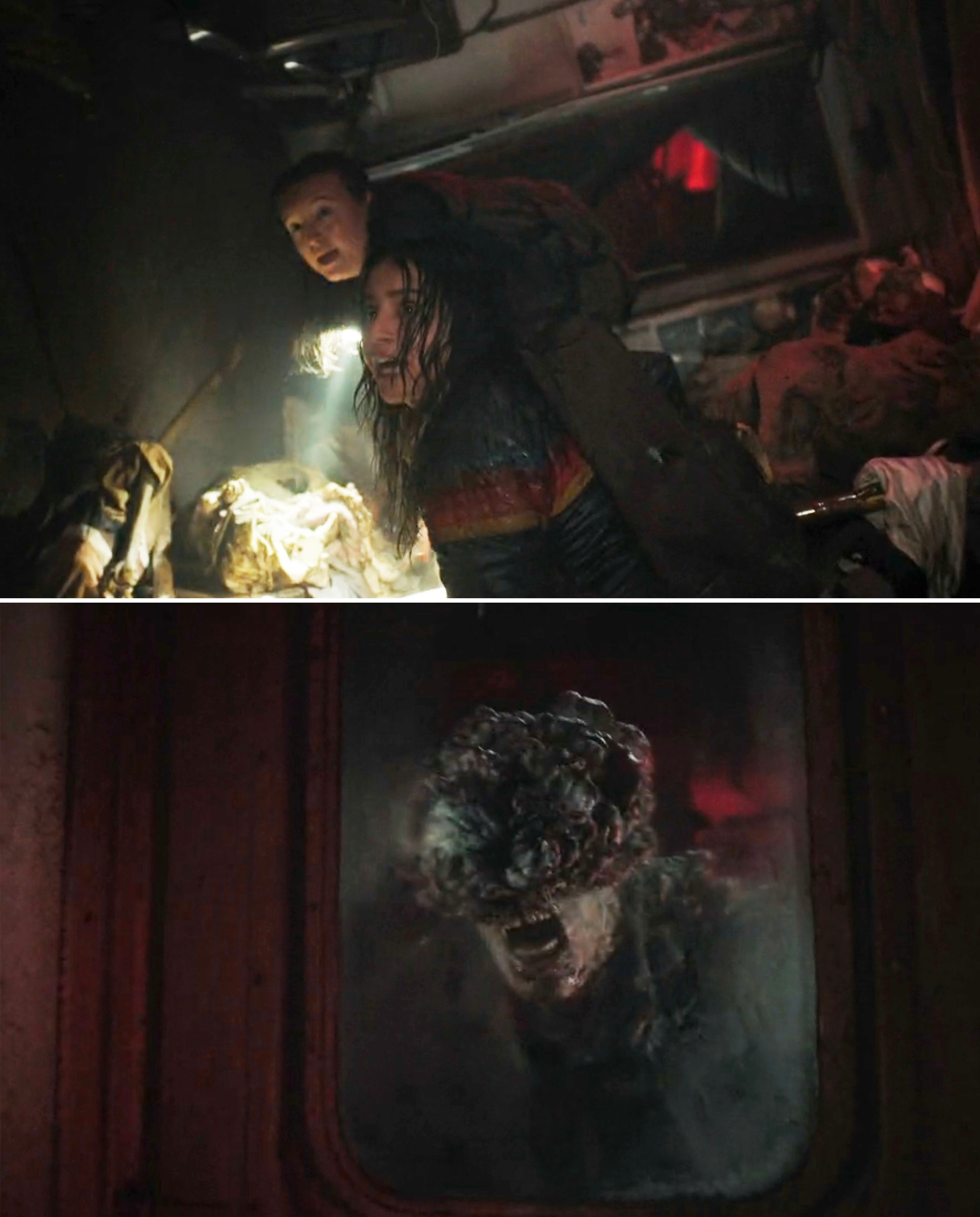 Dina and Ellie running from a clicker in an abandoned train car