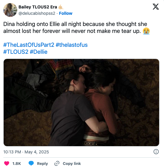 An image of Dina and Ellie embracing while sleeping with the caption talking about how Dina held Ellie all night after thinking she was going to lose her