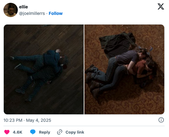 Side-by-side of Ellie lying on top of Joel's body vs. Ellie lying next to Dina