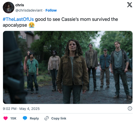 A woman in a brown jacket with the caption, "#TheLastOfUs good to see Cassie's mom survived the apocalypse"