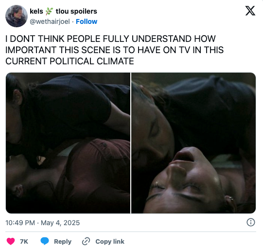 Dina and Ellie having sex, with the caption talking about how important it is for this scene today