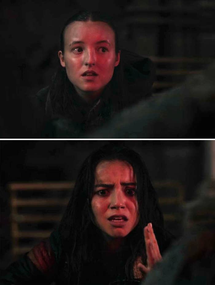 Dina and Ellie looking terrified in a dimly lit scene