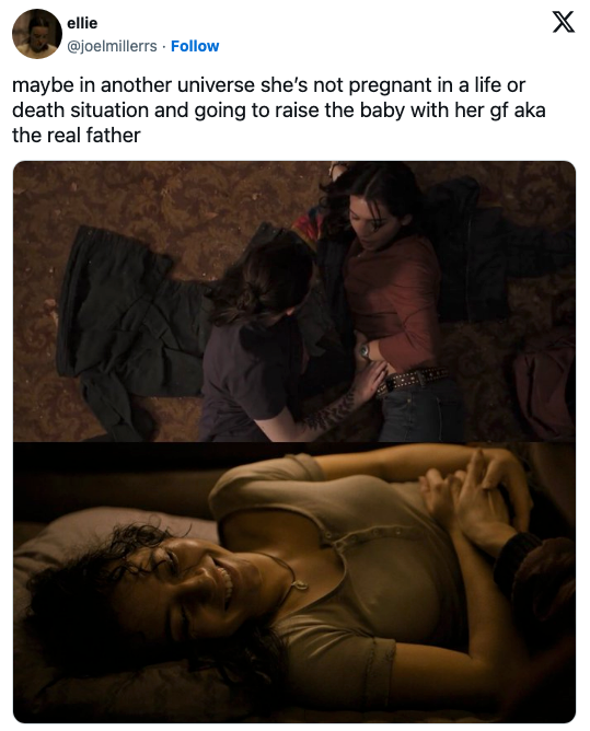 Images of Isabela Merced as Dina in The Last of Us and Kay in Alien: Romulus, with a caption comparing the two characters both being pregnant
