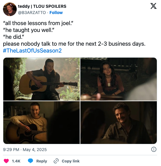 Ellie playing guitar for Dina vs. Ellie playing guitar with Joel, and the caption alludes to Dina and Ellie's conversation about him teaching her well