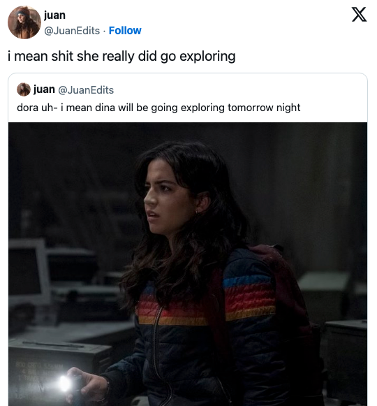 An image of Dina with the caption, "i mean shit she really did go exploring"
