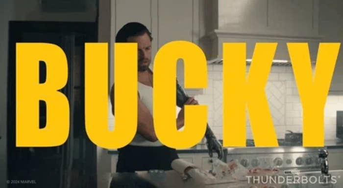 The image shows the word "BUCKY" in bold yellow letters over a man in a kitchen, with "Thunderbolts" in smaller text at the bottom right