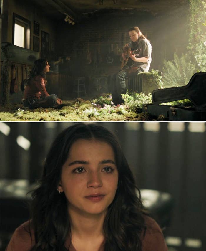 Ellie playing the guitar while Dina watches, and a close-up reveals Dina has tears in her eyes