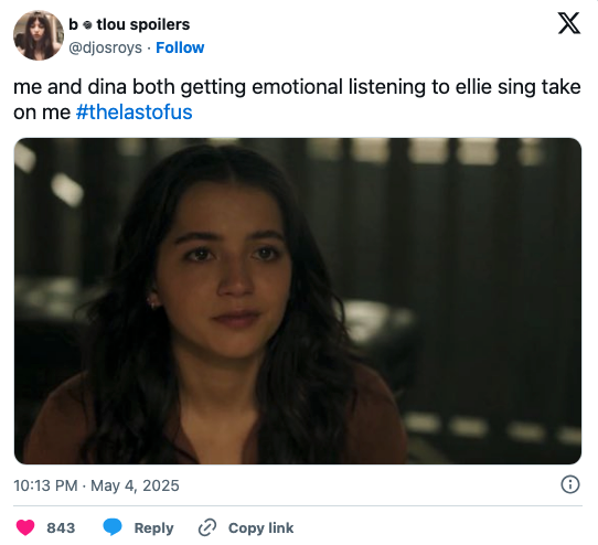 An image of Dina with tears in her eyes, with the caption talking about how the person tweeting and Dina are both emotional watching Ellie perform "Take on Me"