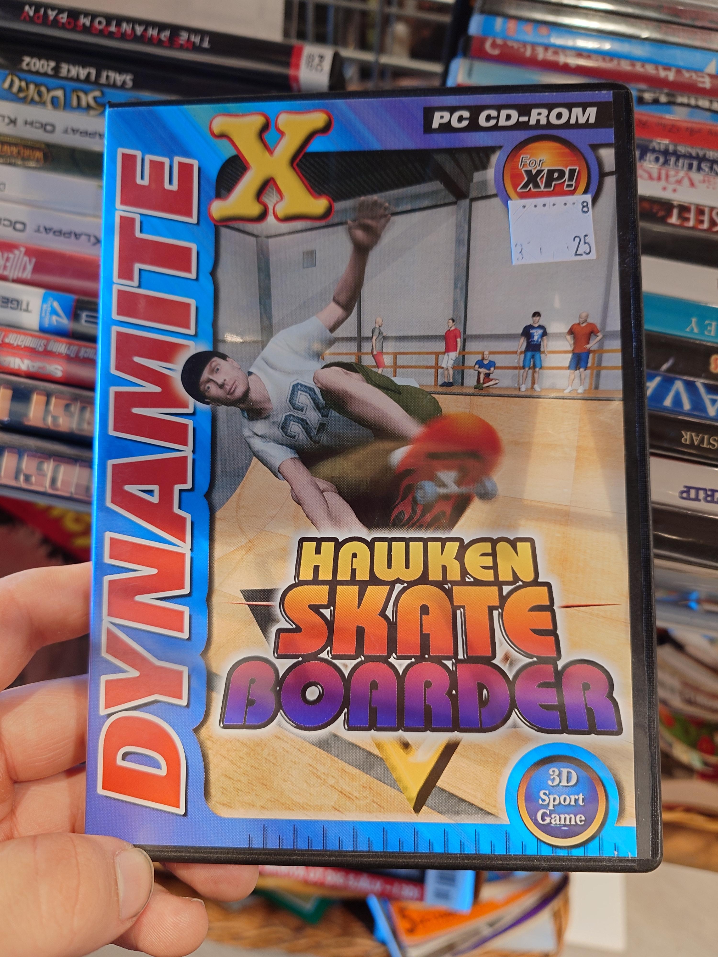 Person holding a CD-ROM case titled "Dynamite X: Hawken Skateboarder," featuring a skater mid-trick on a ramp