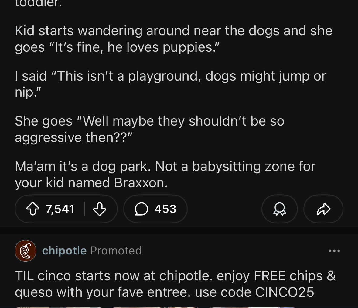 Reddit post titled &quot;Entitled mom thought my dog park was a daycare&quot; with a story about a mom letting their kid play in the dog park