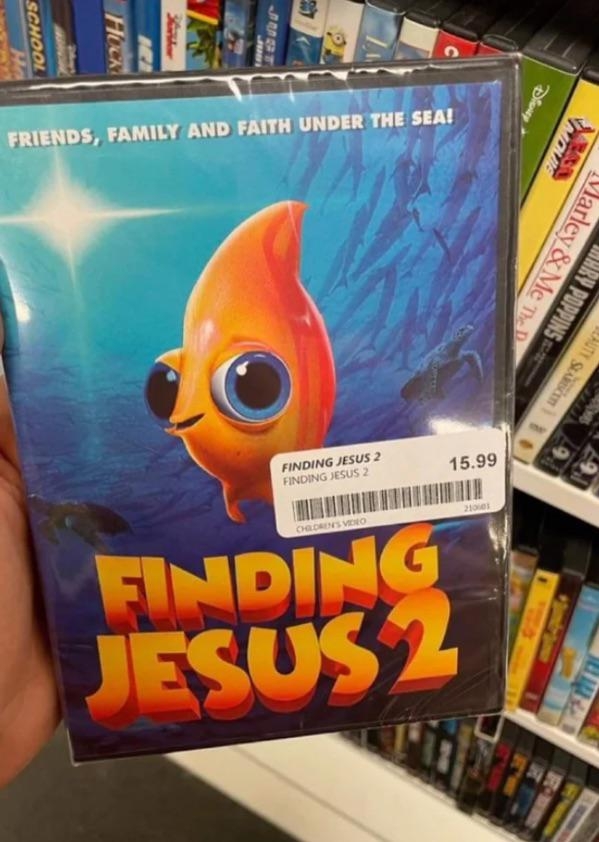 DVD titled "Finding Jesus 2" featuring a cartoon fish on the cover. Price tag reads $15.99