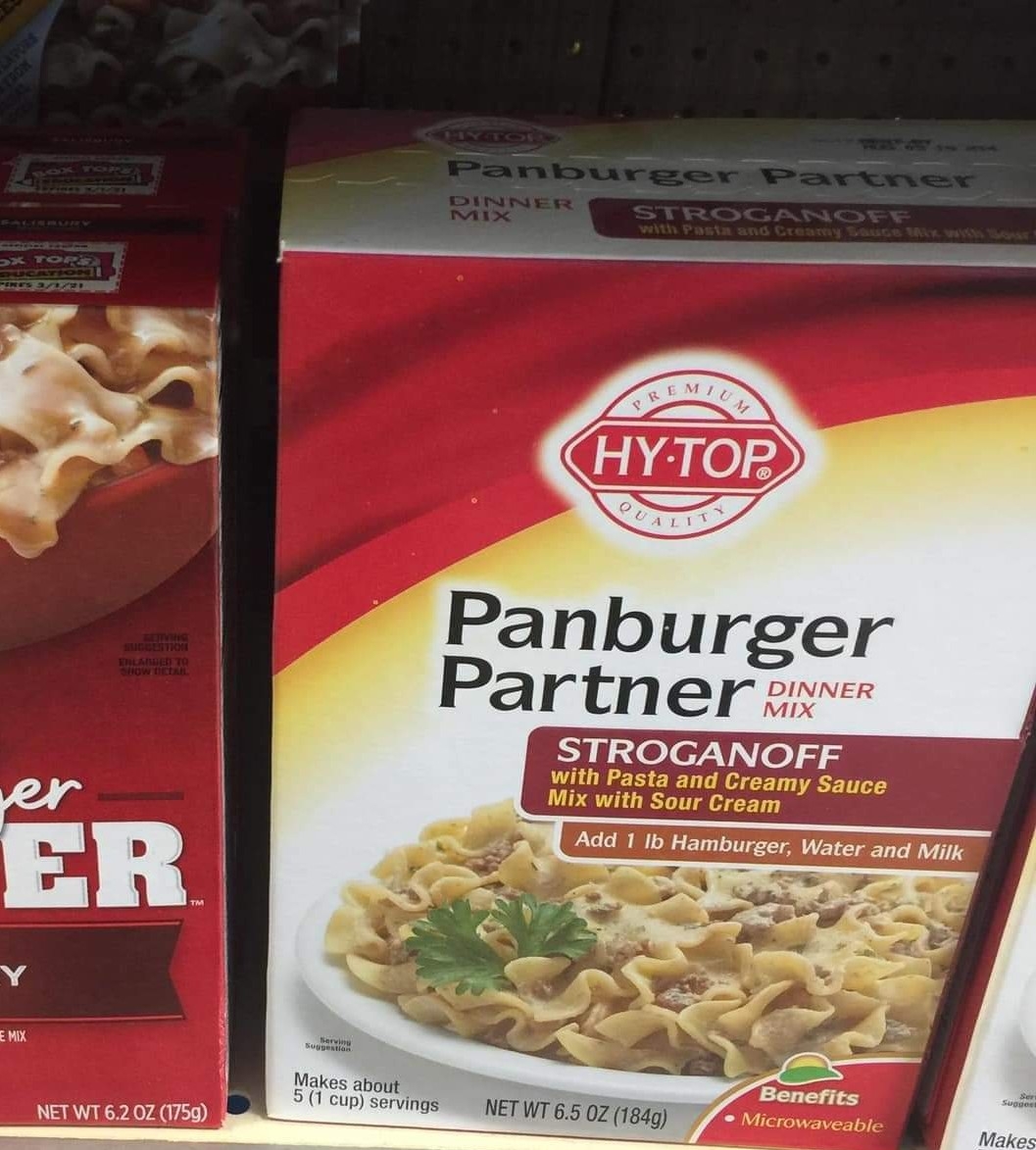 A box of Hy-Top Panburger Partner dinner mix featuring stroganoff pasta with creamy sauce and sour cream, displayed on a grocery store shelf