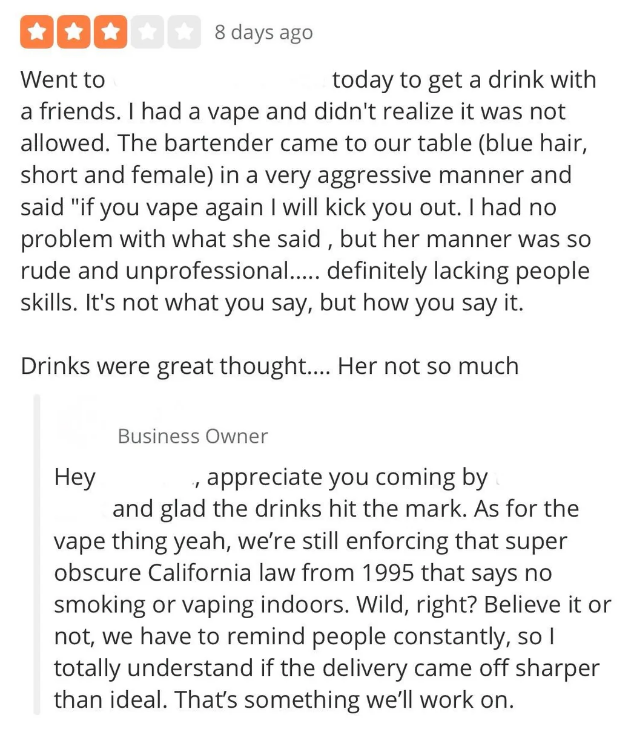 Negative review of bar complaining about being asked not to vape, along with the bar&#x27;s reply, noting that smoking and vaping indoors has been illegal since 1995