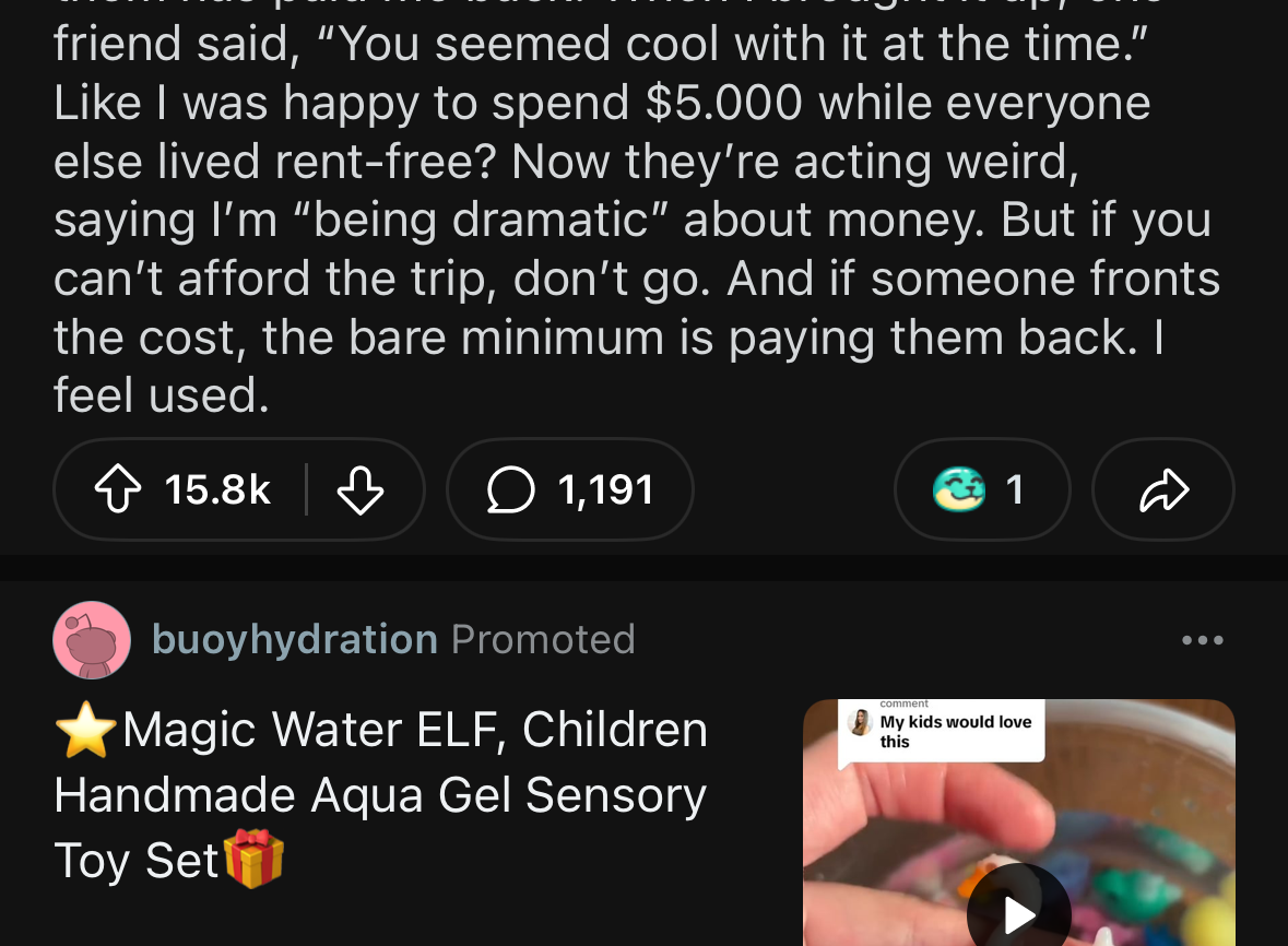 Reddit post about paying for group vacation expenses, with others promising to pay them back, then later refusing