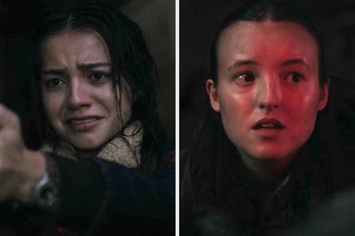 Dina crying while holding a gun and Ellie looking concerned in two scenes from The Last of Us Season 2