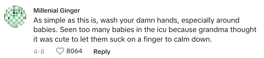 Comment urges frequent hand washing, especially near babies, to prevent infections. Mentions ICU cases from unhygienic practices