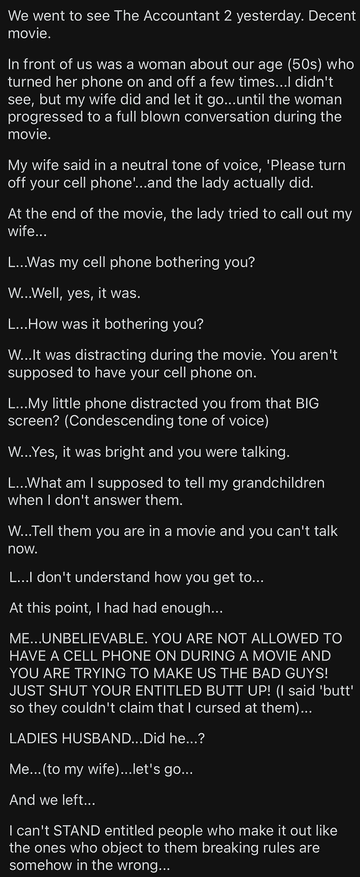 Reddit post about confronting a person using their phone during a movie