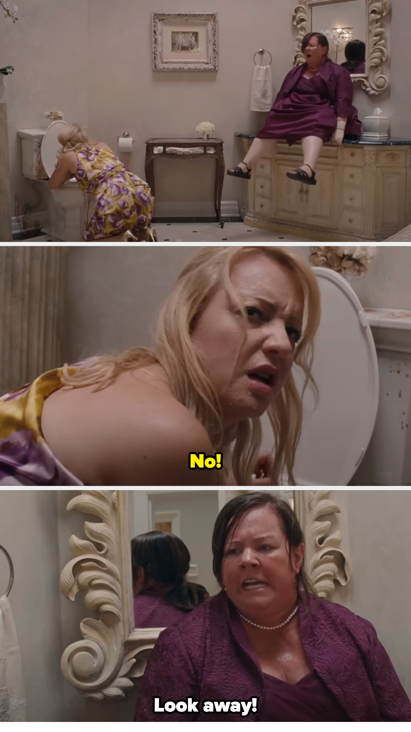 Melissa McCarthy tells another bridesmaid, who's puking into the toilet, as she sits on the sink