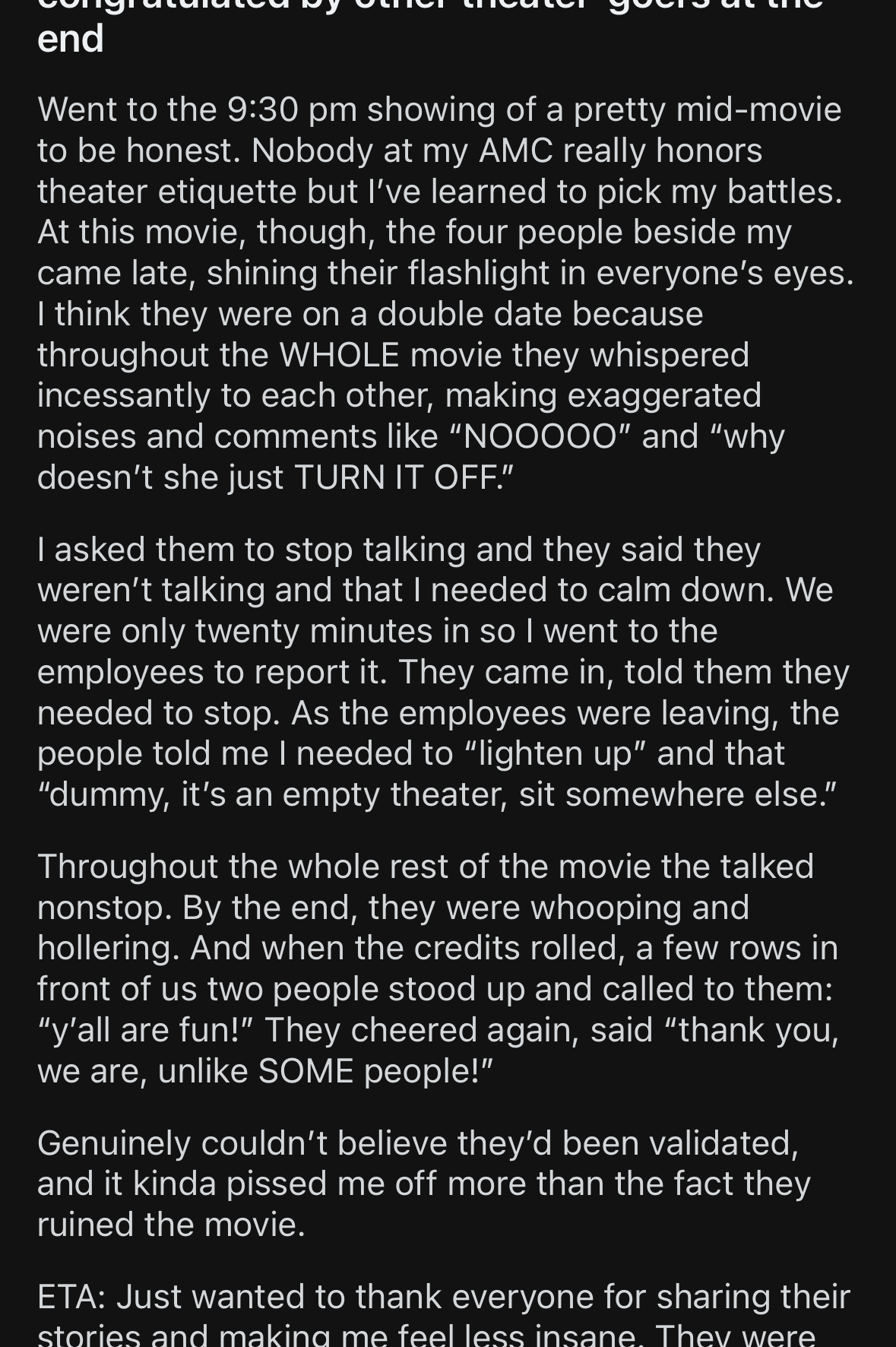 Reddit post calling out disruptive moviegoers who talked and cheered throughout the film