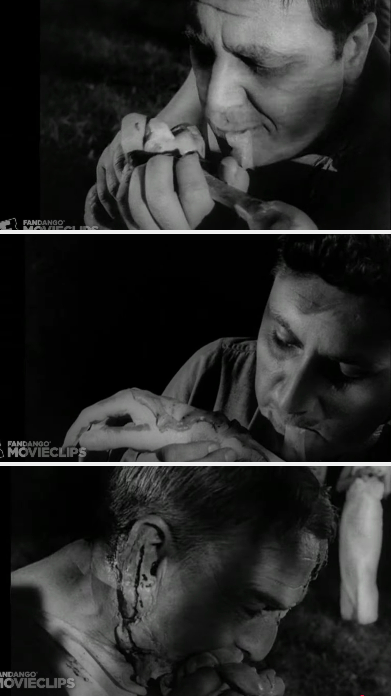 Three zombies biting into human flesh