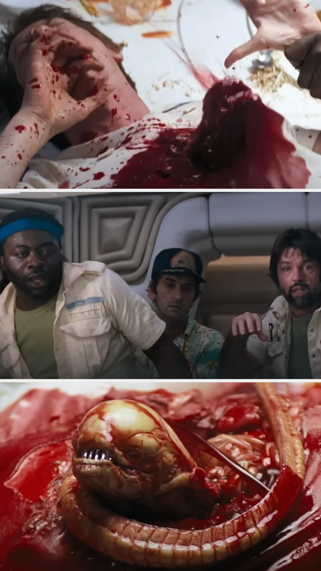 Others react in terror as the slimy, piranha-like creature bursts from John's chest, covered in blood