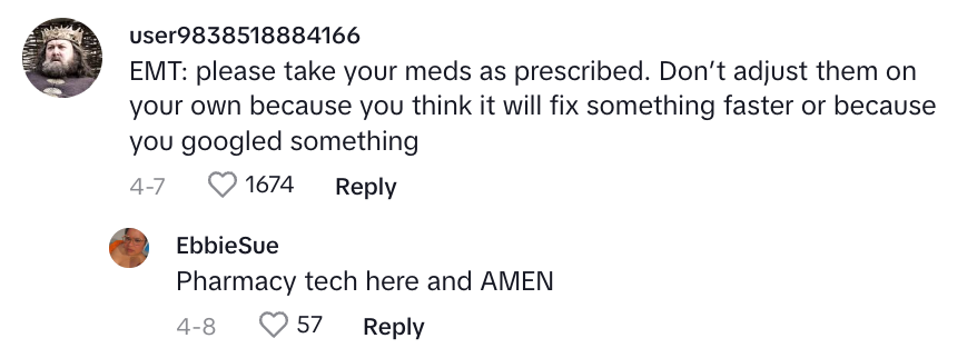 Screenshot of a social media exchange: EMT advises not to self-adjust medications; pharmacy tech agrees emphatically