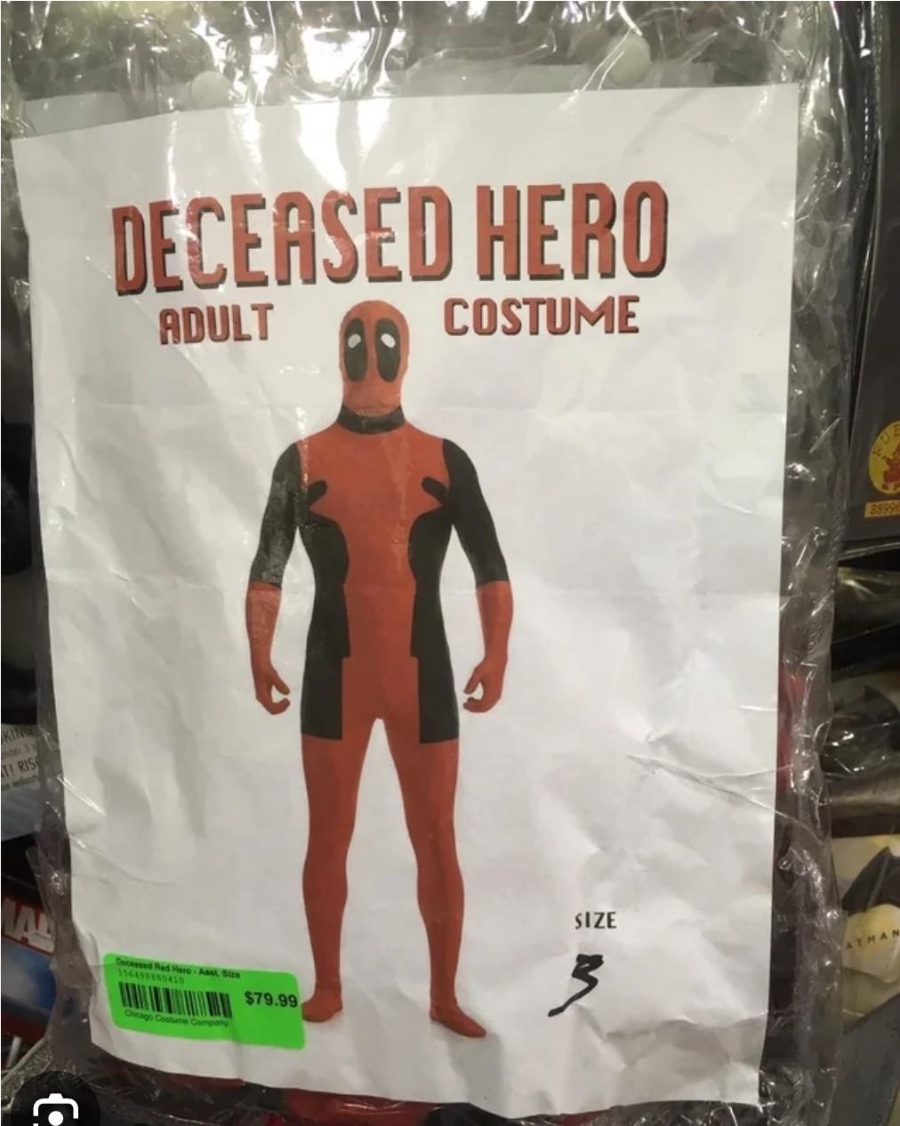 Adult superhero costume packaging labeled "Deceased Hero," size 3, priced at $79.99. Costume resembles a popular character's suit