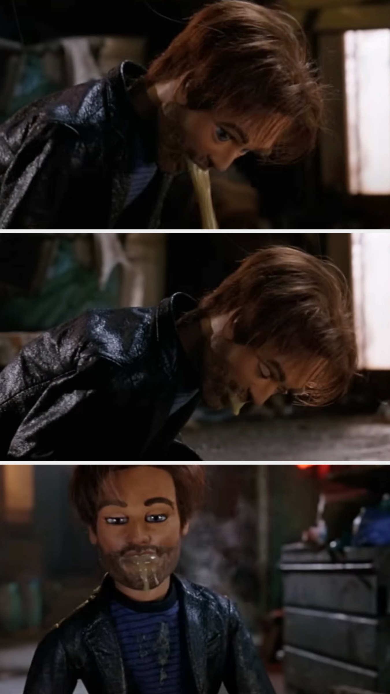 Gary the puppet doubles over as he vomits