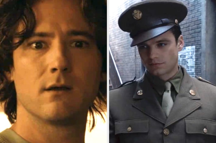 Two men in a dramatic movie scene, one in a military uniform with a thoughtful expression, the other facing away, engaged in a serious conversation