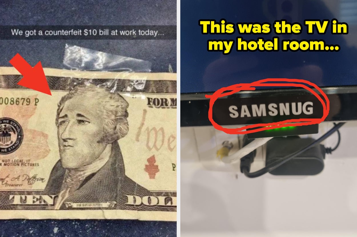 Counterfeit $10 bill with Washington's face is labeled "For Motion Pictures." Samsung TV misspelled as "Samsnug."