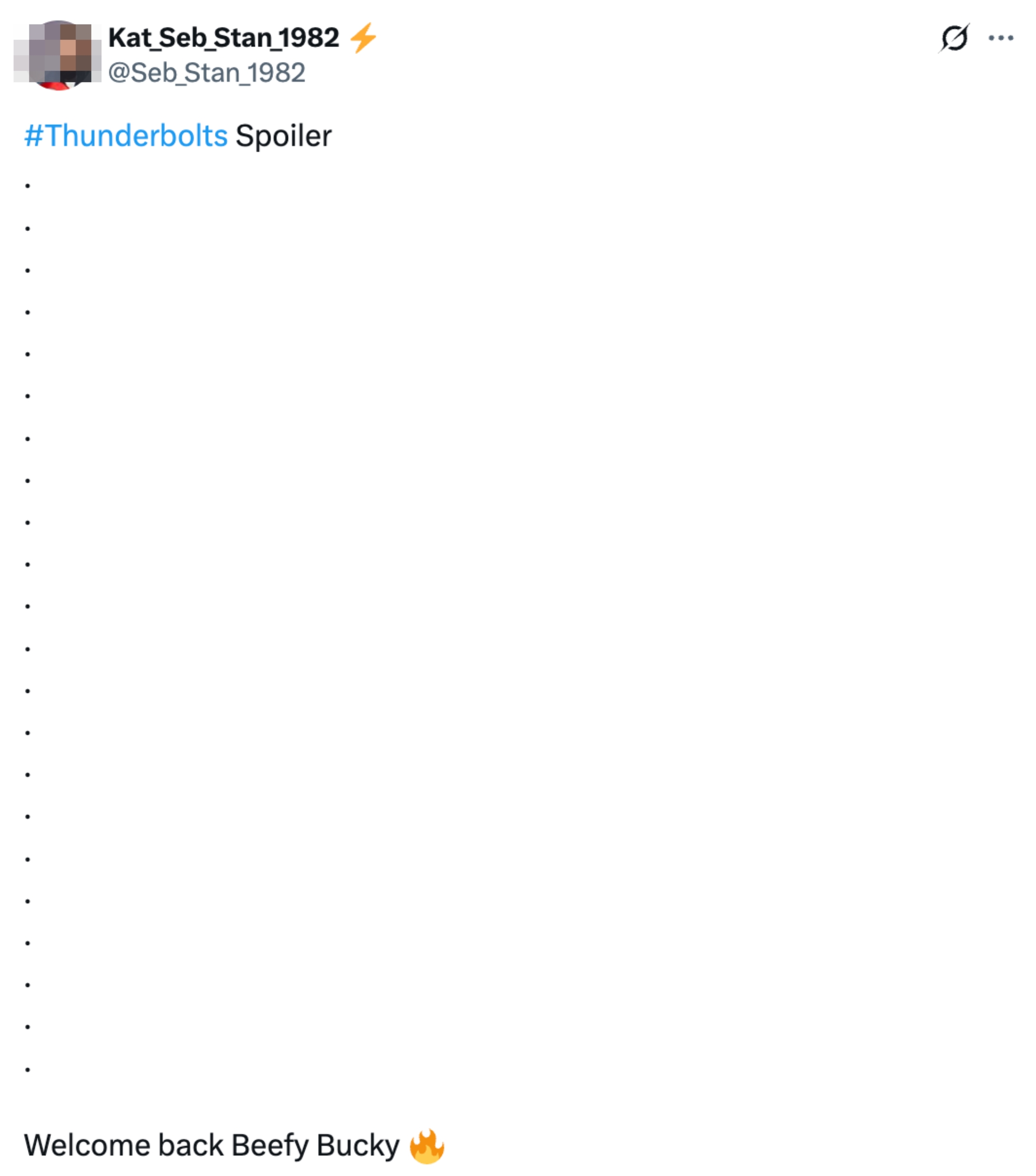 Tweet hinting at a spoiler for "Thunderbolts," featuring the phrase "Welcome back Beefy Bucky" and a fire emoji