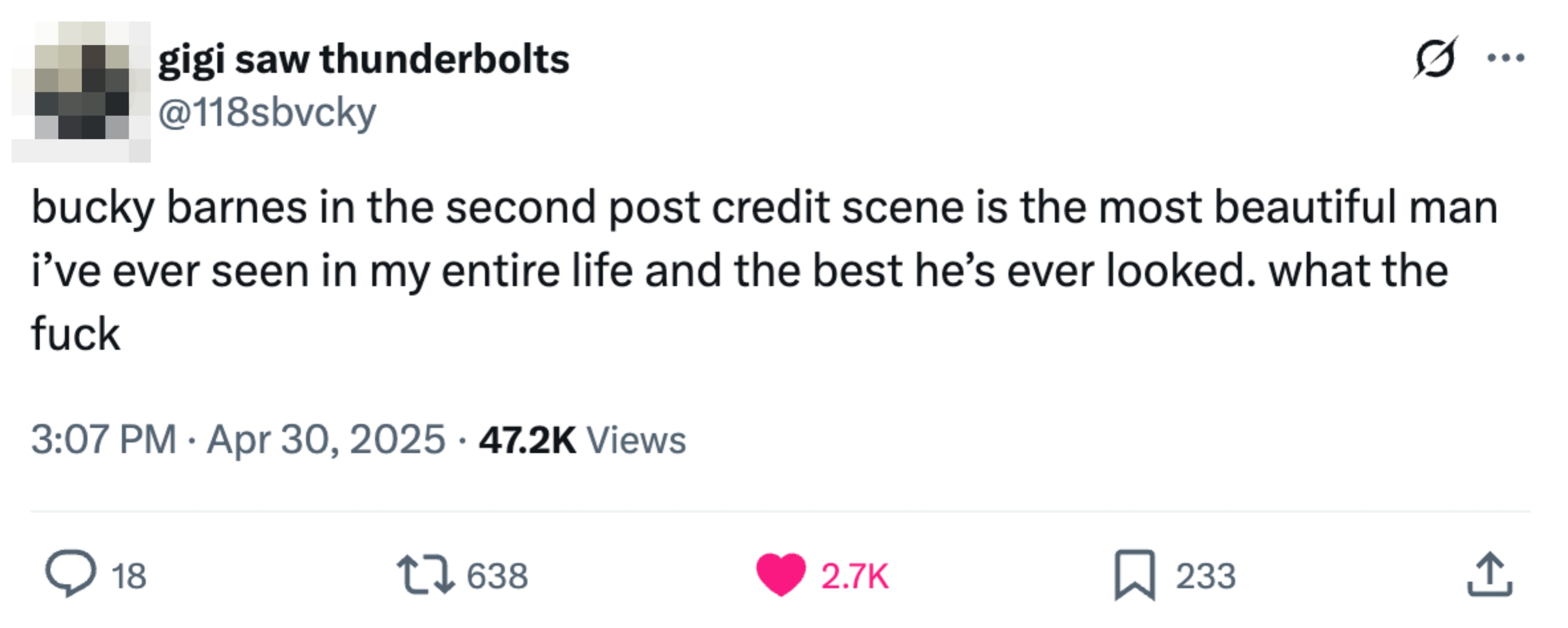 Tweet expressing admiration for Bucky Barnes' appearance in a post-credit scene, noting it as his best look ever