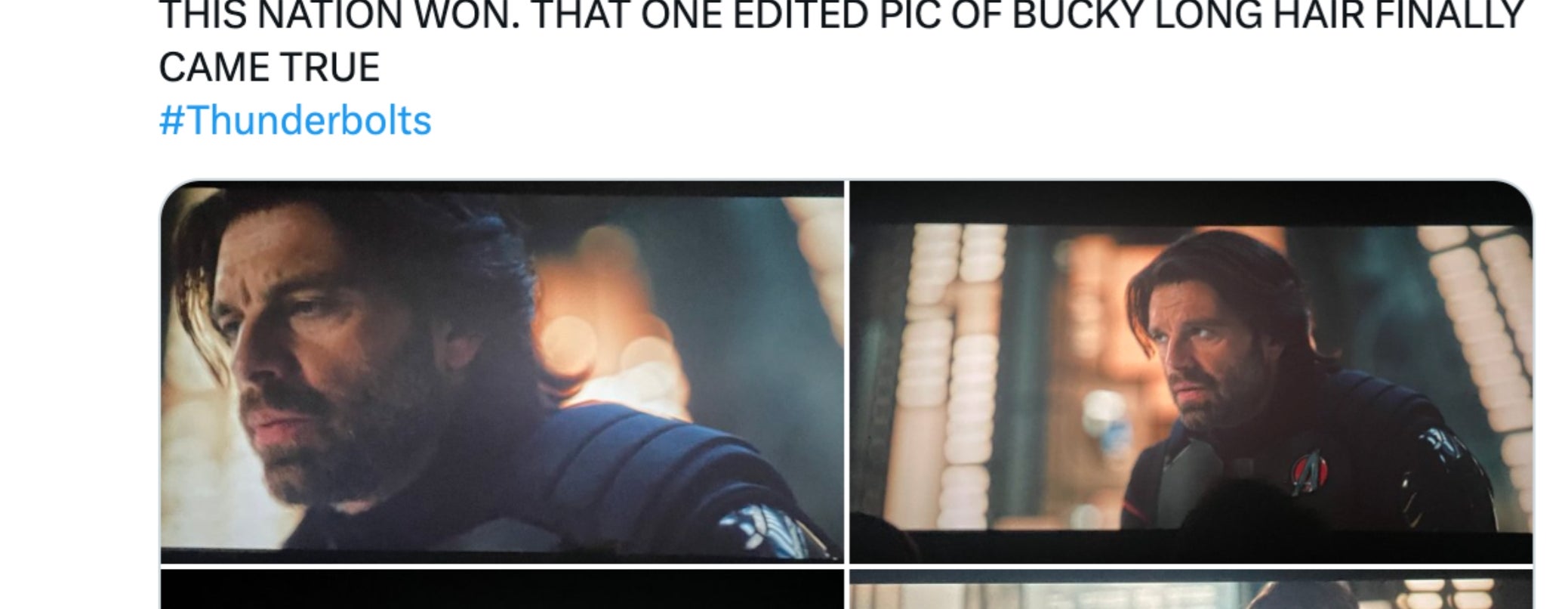 Social media post discussing Thunderbolts, showing four scenes of a person with long hair and others in action