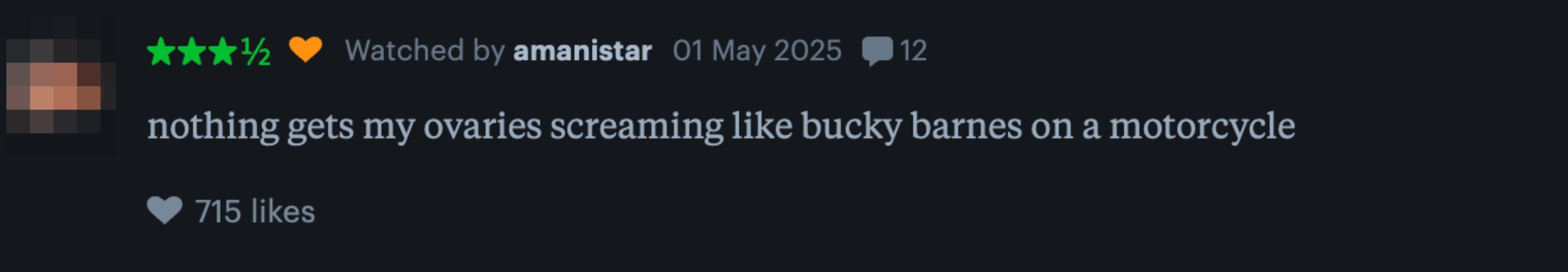 A social media post reads: "nothing gets my ovaries screaming like bucky barnes on a motorcycle" with 715 likes