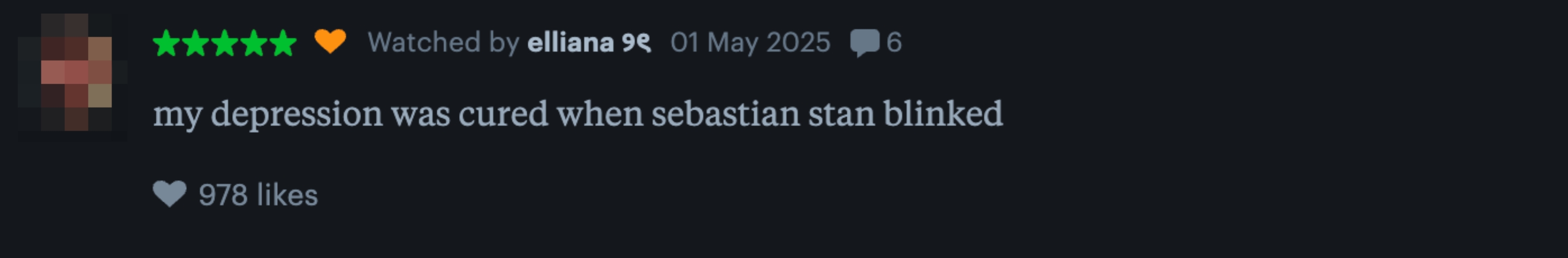 A humorous review stating, "my depression was cured when sebastian stan blinked," with 978 likes