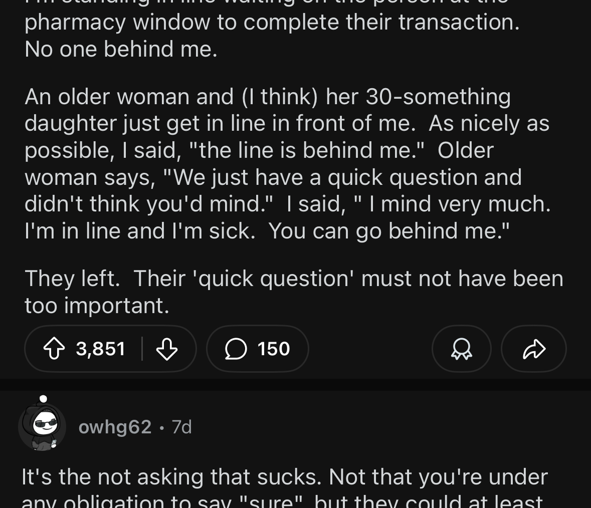 Reddit story about a woman trying to cut in line at the pharmacy