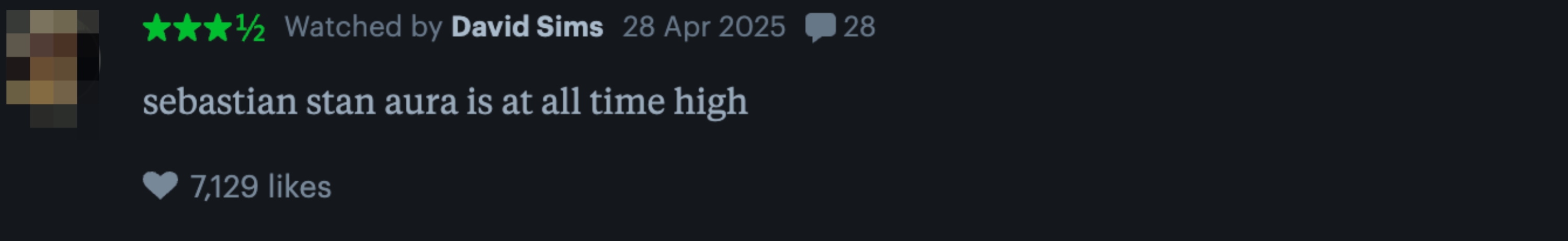 A review stating "sebastian stan aura is at an all time high" with 7,129 likes. Watched by David Sims on 28 Apr 2023
