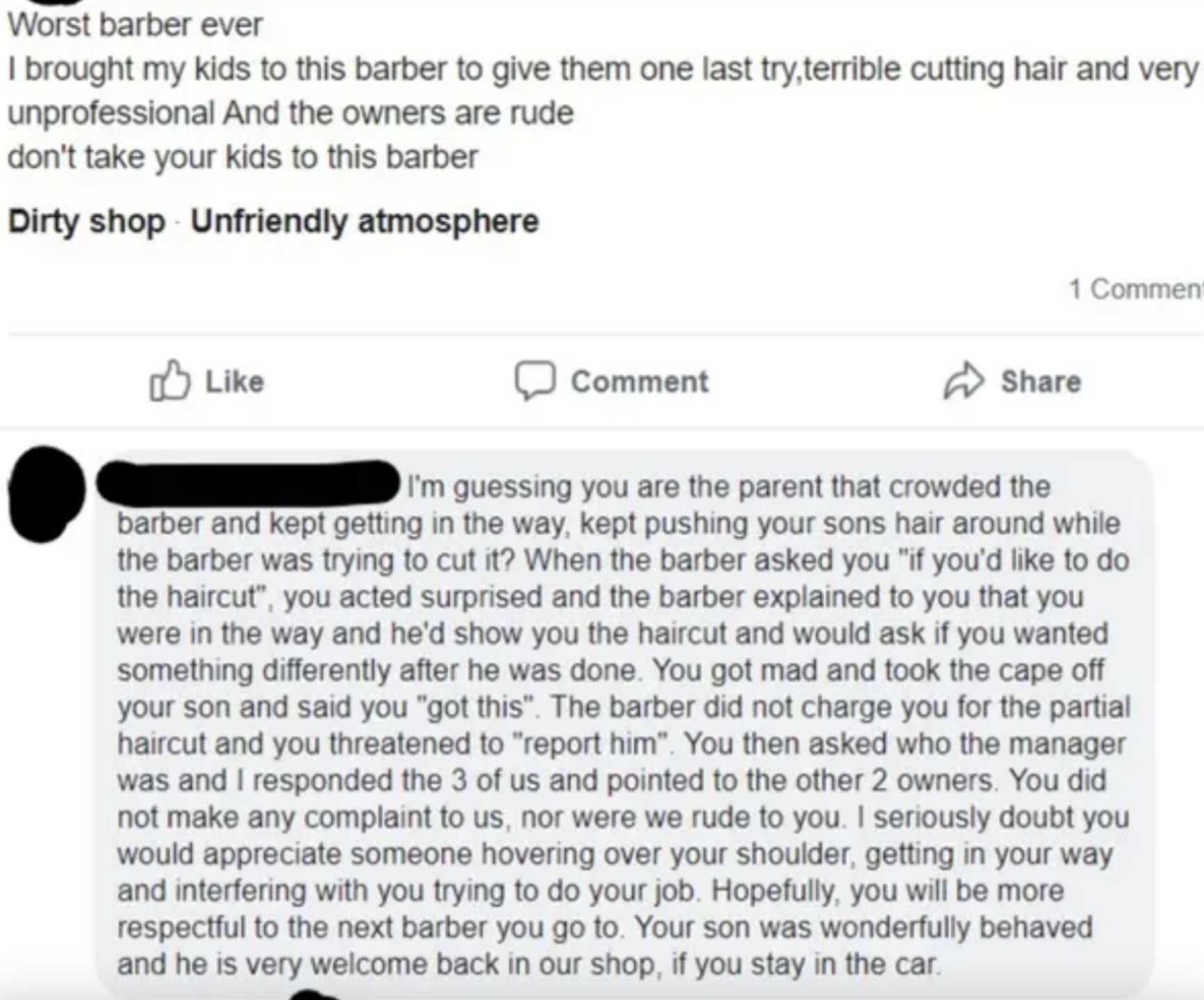 Review complaining about a barber&#x27;s poor service after bringing their kids there, along with a response from the business calling out the parent for rude behavior