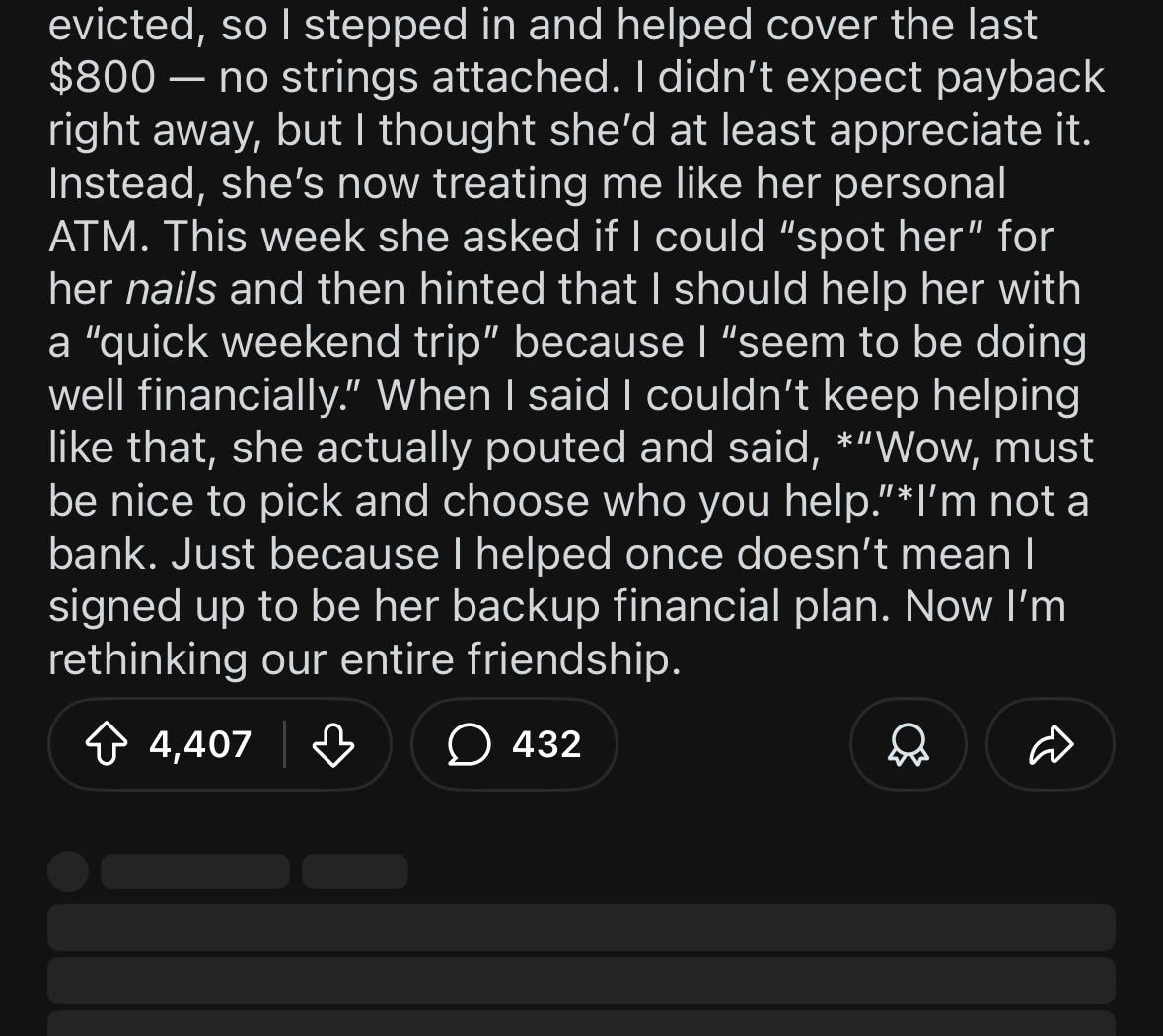 Reddit post sharing a story about offering rent help to a friend who later expected ongoing financial support