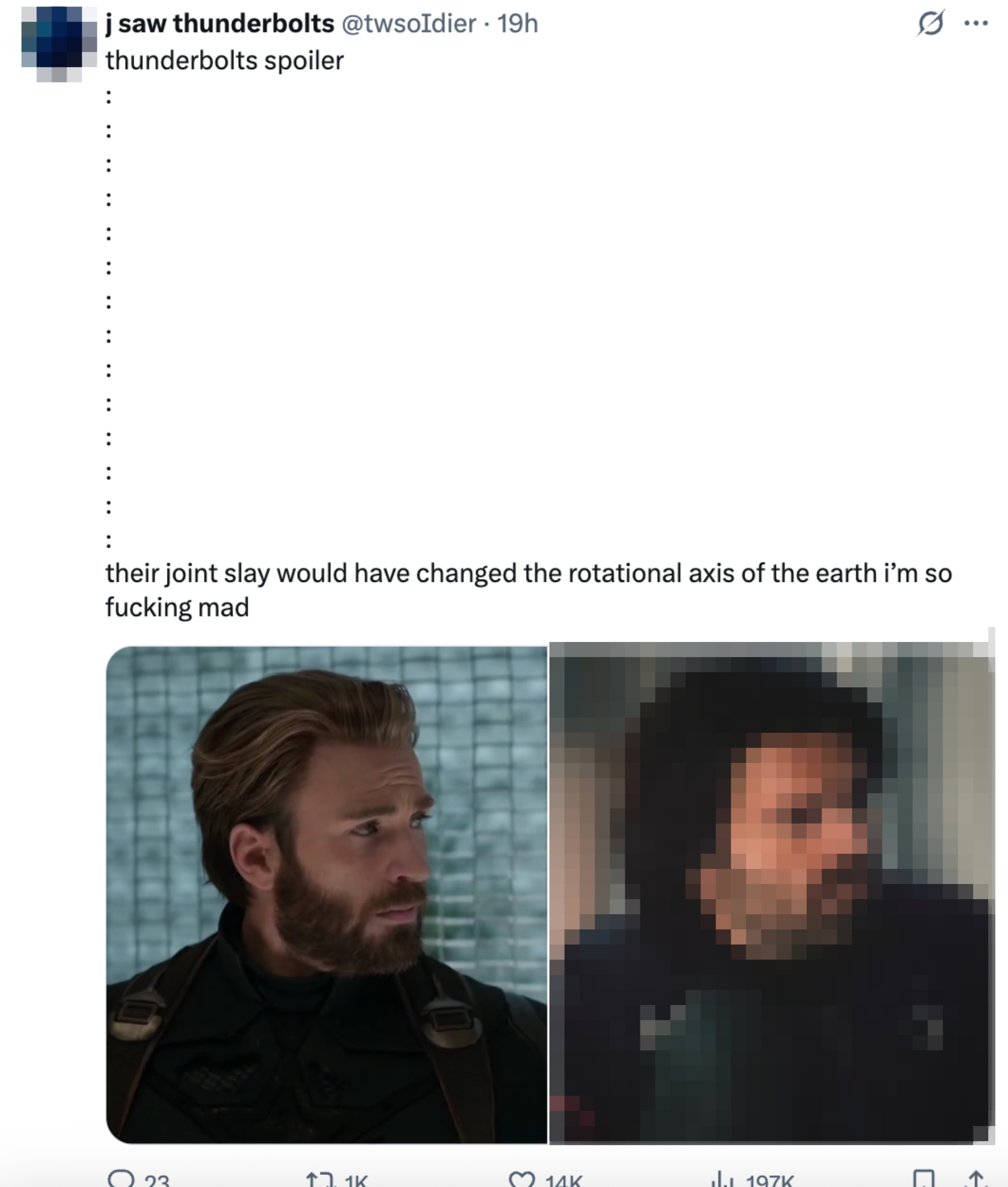 Tweet about Thunderbolts includes a humorous comment on impact, alongside images of two men looking serious