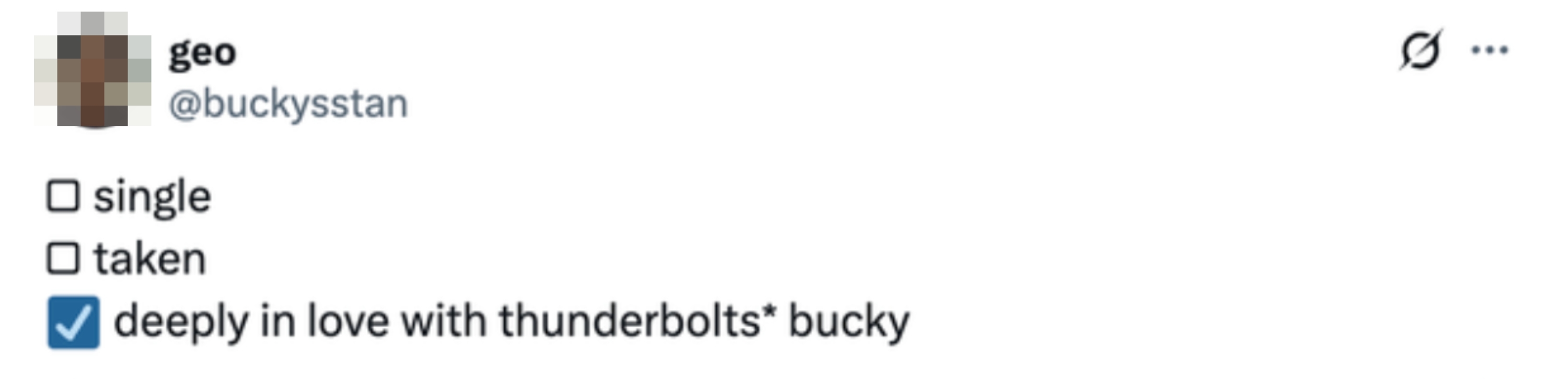 Checklist with options "single," "taken," and "deeply in love with Thunderbolts’ Bucky," with the last option checked