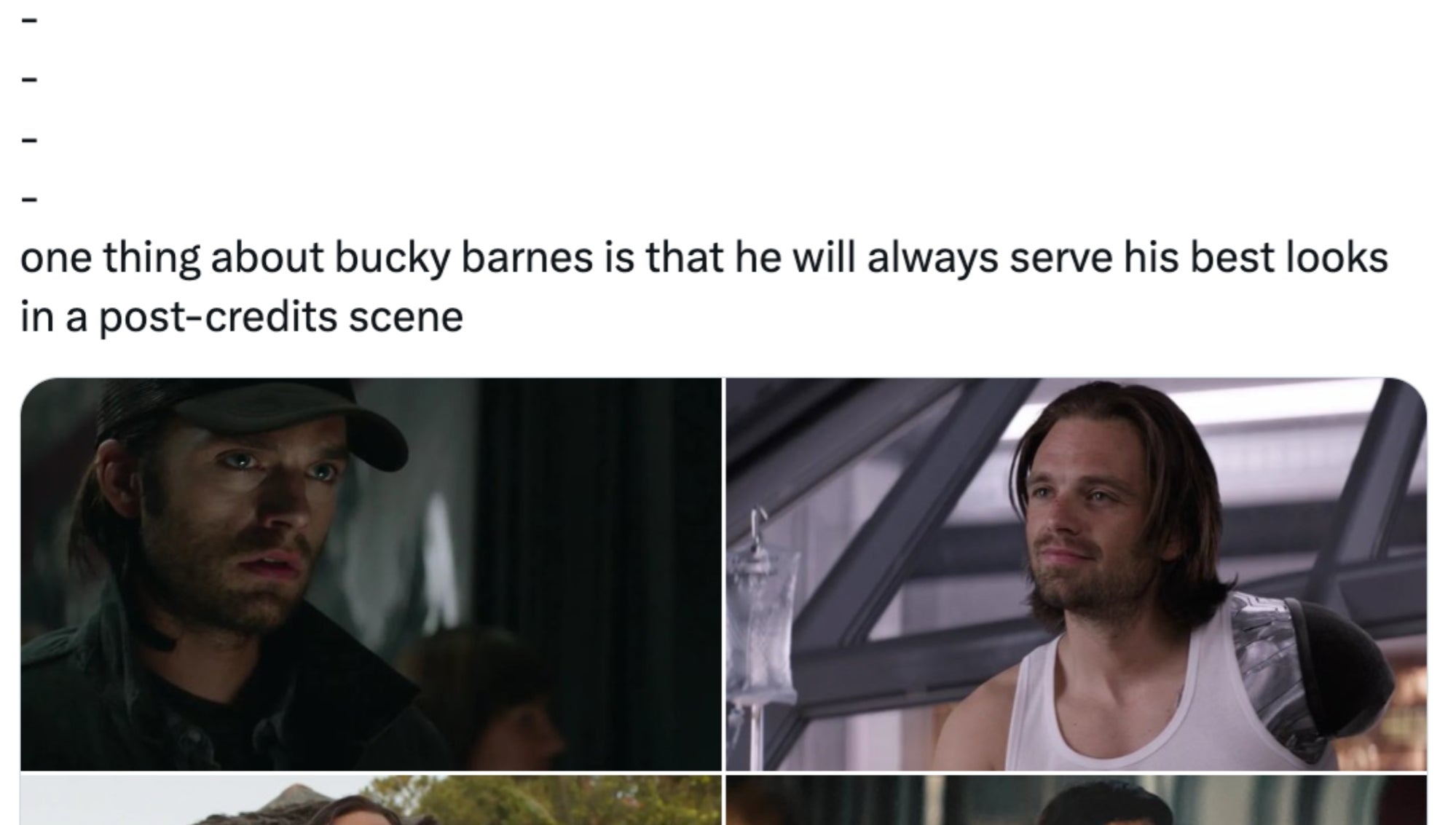 Tweet about Bucky Barnes' style, featuring four images of him from different scenes in a TV show, with a focus on his distinctive looks