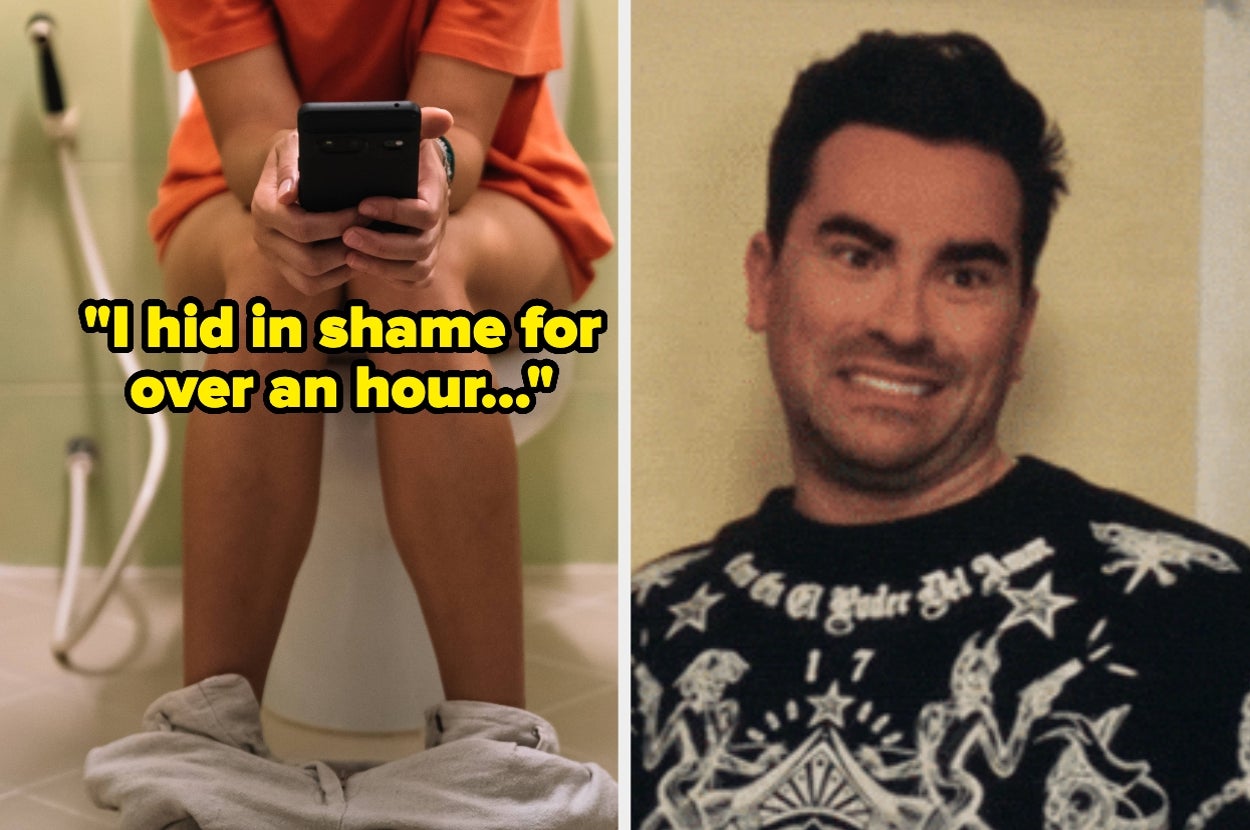Person sitting on a toilet with a phone, quote reads: "I hid in shame for over an hour," next to a person with an awkward smile. Internet humor context