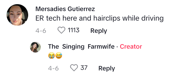 Social media post with a user commenting about using hair clips while driving. Another user replies with laughing and crying emojis